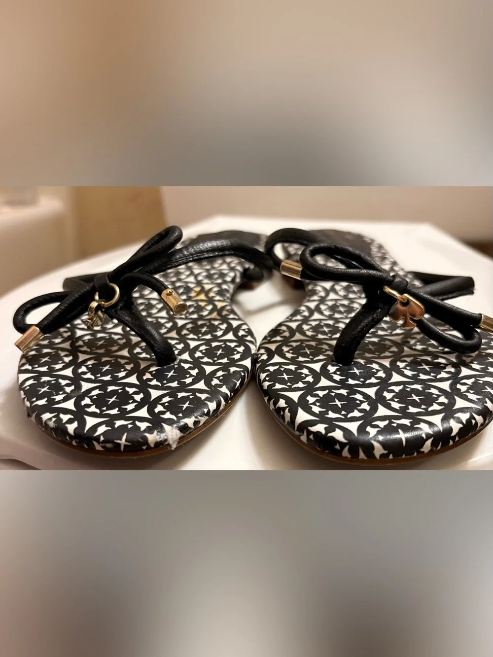 kate spade Black & White Patterned Bow Sandals with Gold Accents